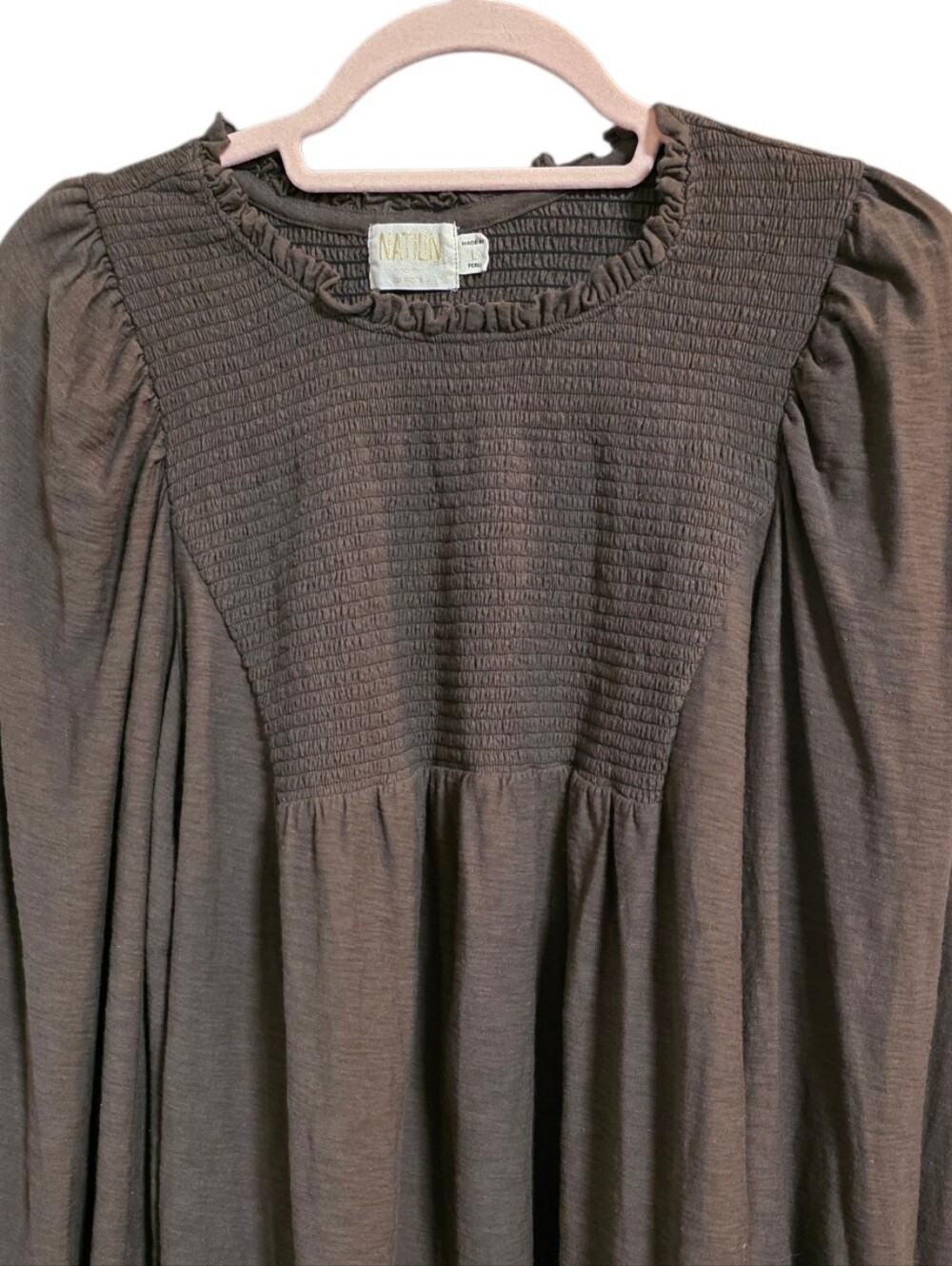 Nation LTD Brown Lightweight Smocked Long Sleeved Neutral Puma Cotton Top - Picture 2 of 6